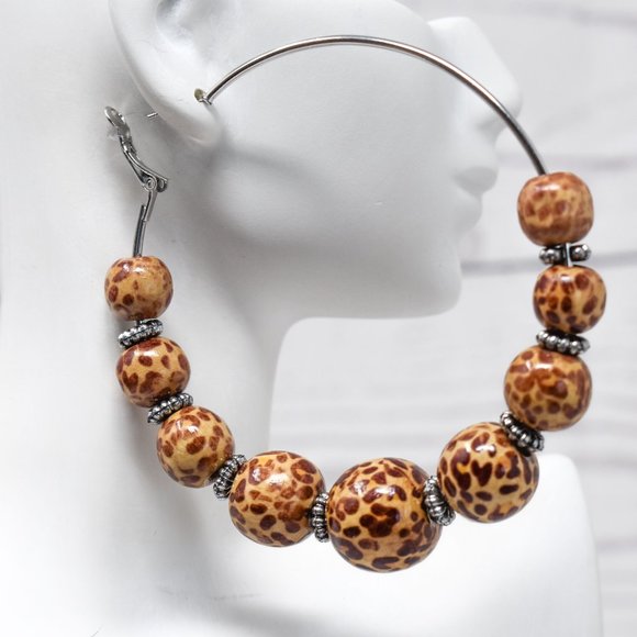 Oversized Wood Leopard Print Bead Hoop Earrings - Picture 2 of 11